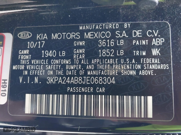 2018 Kia Rio LX with VIN 3KPA24AB8JE068304, listed as a IAAI auction lot 41853804 with 95,256 mi miles. Bid and sale history available at carsss.com. Image 9.