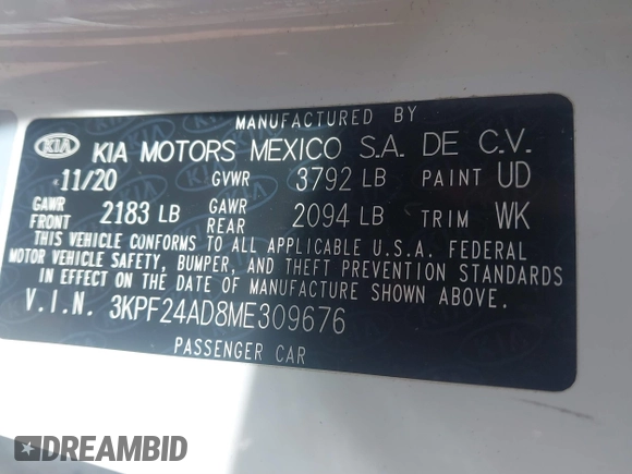 2021 Kia Forte LXS with VIN 3KPF24AD8ME309676, listed as a IAAI auction lot 41687663 with 73,104 mi miles and . Bid and sale history available at carsss.com. Image 9.