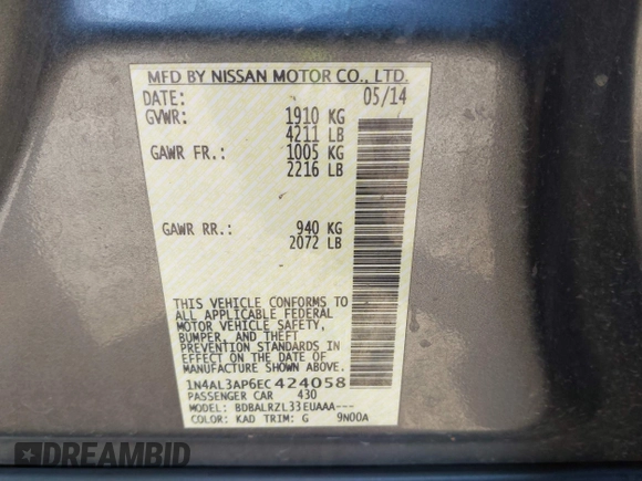 2014 Nissan Altima SV with VIN 1N4AL3AP6EC424058, listed as a IAAI auction lot 41354655 with 123,650 mi miles and . Bid and sale history available at DreamBid. Image 9.