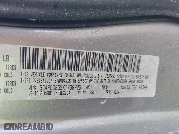 2019 Dodge Journey GT with VIN 3C4PDDEG9KT738739, listed as a IAAI auction lot 42248452 with 168,110 mi miles and . Bid and sale history available at DreamBid. Image 9.