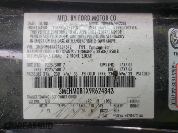 2009 Mercury Milan Premier with VIN 3MEHM081X9R624842, listed as a Copart auction lot 51873025 with Not provided miles and Salvage title. Bid and sale history available at DreamBid. Image 14.