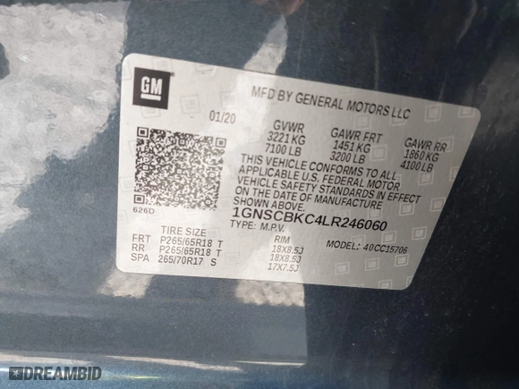 2020 Chevrolet Tahoe LT with VIN 1GNSCBKC4LR246060, listed as a IAAI auction lot 41272902 with 105,417 mi miles. Bid and sale history available at carsss.com. Image 9.