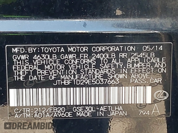 2014 Lexus IS 250 z VIN JTHBF1D29E5037663, wystawiony jako IAAI lot #42142997 z przebiegiem 144 862 mil mil oraz . Historia ofert i sprzedaży dostępna na DreamBid. Obrazek 9.