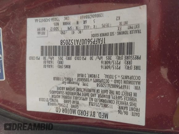 2007 Ford Taurus SEL z VIN 1FAFP56U07A152058, wystawiony jako IAAI lot #42392416 z przebiegiem 209 361 mil mil oraz . Historia ofert i sprzedaży dostępna na DreamBid. Obrazek 9.