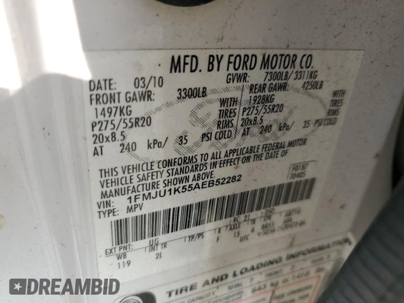 2010 Ford Expedition Limited z VIN 1FMJU1K55AEB52282, wystawiony jako Copart lot #57494535 z przebiegiem 211 434 mil mil oraz Szkoda całkowita • Salvage title. Historia ofert i sprzedaży dostępna na DreamBid. Obrazek 12.