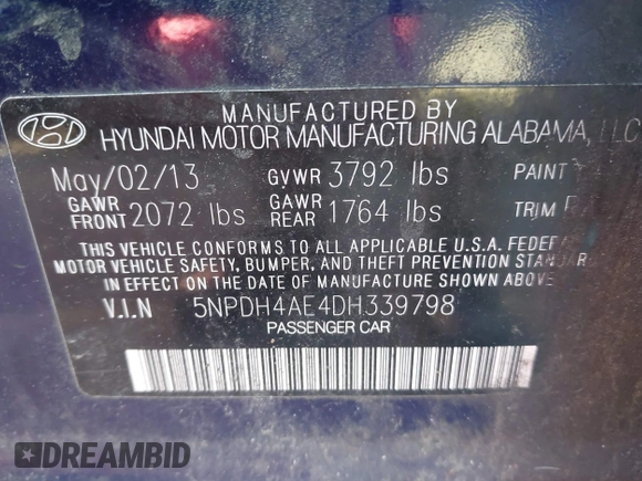 2013 Hyundai Elantra GLS with VIN 5NPDH4AE4DH339798, listed as a IAAI auction lot 42770560 with 82,759 mi miles and . Bid and sale history available at DreamBid. Image 9.