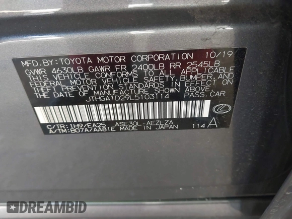 2020 Lexus IS 300 F Sport with VIN JTHGA1D29L5103114, listed as a IAAI auction lot 41603814 with 24,625 mi miles and . Bid and sale history available at DreamBid. Image 9.