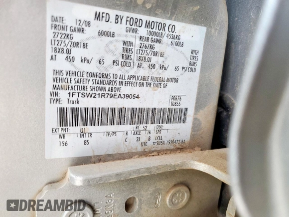 2009 Ford F-250 XL with VIN 1FTSW21R79EA39054, listed as a Copart auction lot 59561695 with Not provided miles and Salvage title. Bid and sale history available at DreamBid. Image 12.