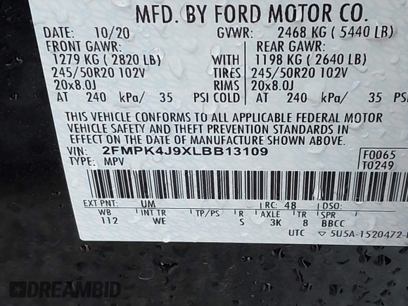 2020 Ford Edge SEL with VIN 2FMPK4J9XLBB13109, listed as a IAAI auction lot 41554201 with 72,117 mi miles. Bid and sale history available at carsss.com. Image 9.
