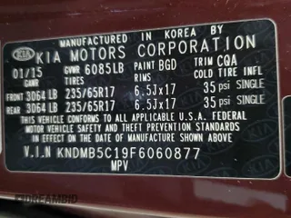 2015 Kia Sedona LX with VIN KNDMB5C19F6060877, listed as a Copart auction lot 52315255 with 187,271 mi miles and Non Repairable. Bid and sale history available at carsss.com. Image 15.