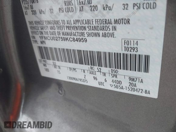 2009 Ford Escape XLS with VIN 1FMCU02759KC84959, listed as a IAAI auction lot 42219257 with 263,087 mi miles and . Bid and sale history available at DreamBid. Image 9.