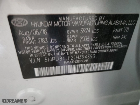 2018 Hyundai Elantra SEL with VIN 5NPD84LF2JH394350, listed as a Copart auction lot 47935505 with 84,641 mi miles and Salvage Title. Bid and sale history available at carsss.com. Image 12.