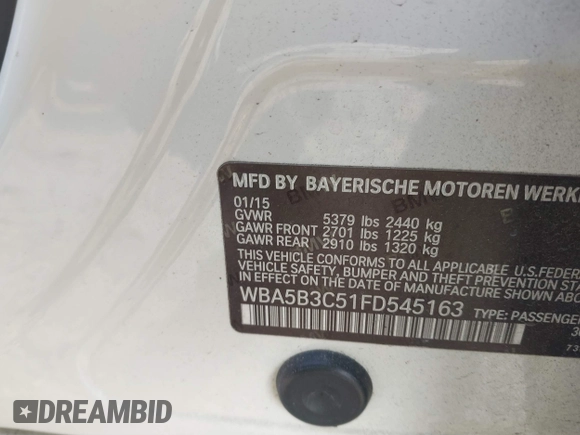 2015 BMW 5 Series 535i xDrive with VIN WBA5B3C51FD545163, listed as a IAAI auction lot 41481970 with 136,276 mi miles and . Bid and sale history available at carsss.com. Image 9.