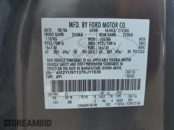 2007 Mercury Mariner Luxury with VIN 4M2YU91137KJ11539, listed as a Copart auction lot 64846175 with 139,488 mi miles and Salvage title. Bid and sale history available at DreamBid. Image 13.