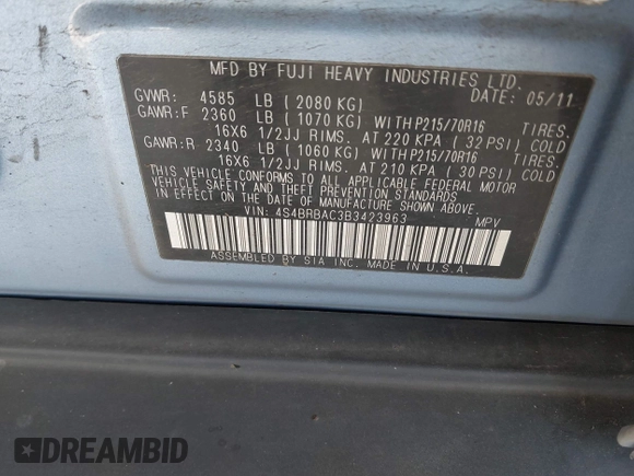 2011 Subaru Outback 2.5i with VIN 4S4BRBAC3B3423963, listed as a IAAI auction lot 42106459 with 199,453 mi miles. Bid and sale history available at carsss.com. Image 9.