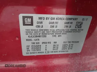 2017 Buick Encore Essence with VIN KL4CJCSB4HB172293, listed as a IAAI auction lot 41482029 with 107,685 mi miles and . Bid and sale history available at carsss.com. Image 9.