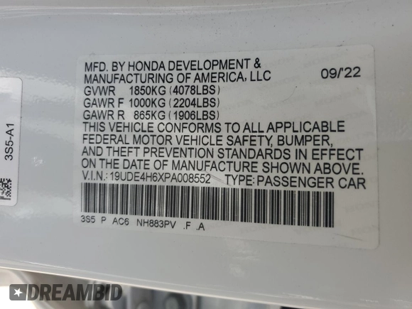 2023 Acura Integra Technology with VIN 19UDE4H6XPA008552, listed as a Copart auction lot 52537315 with 43,412 mi miles and Salvage title. Bid and sale history available at DreamBid. Image 13.