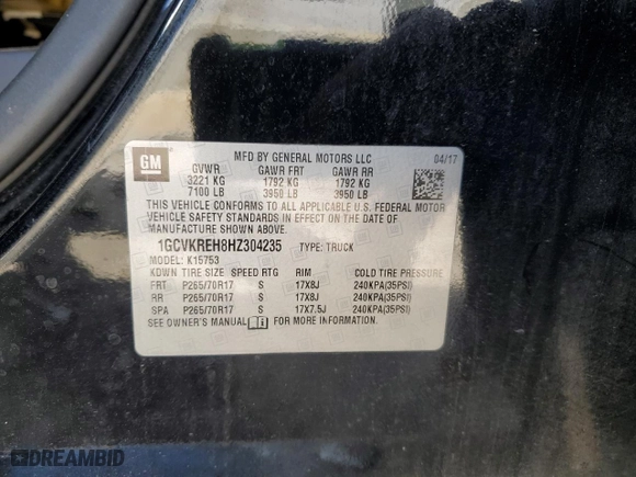 2017 Chevrolet Silverado 1500 LT with VIN 1GCVKREH8HZ304235, listed as a Copart auction lot 50208895 with 96,776 mi miles and Salvage Title. Bid and sale history available at carsss.com. Image 12.