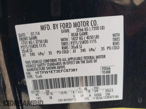 2014 Ford F-150 XL with VIN 1FTFW1ET3EFC67381, listed as a IAAI auction lot 42225858 with 85,853 mi miles and . Bid and sale history available at DreamBid. Image 9.