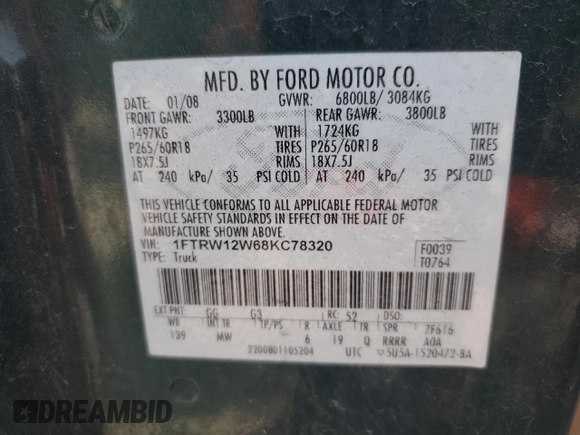 2008 Ford F-150 XL with VIN 1FTRW12W68KC78320, listed as a Copart auction lot 51476595 with 247,893 mi miles and Salvage Title. Bid and sale history available at carsss.com. Image 12.