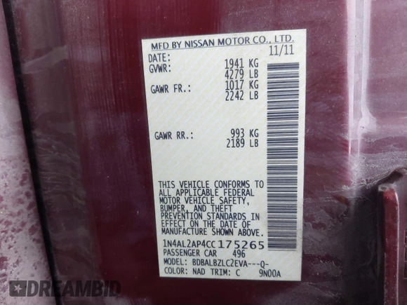 2012 Nissan Altima 2.5 S with VIN 1N4AL2AP4CC175265, listed as a IAAI auction lot 41969758 with 102,028 mi miles. Bid and sale history available at carsss.com. Image 9.