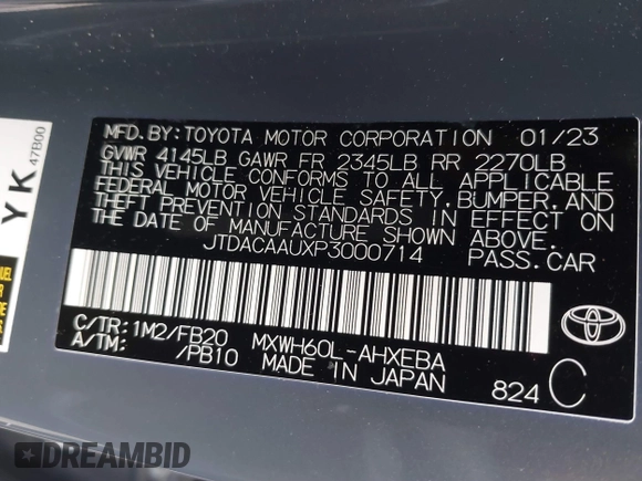 2023 Toyota Prius LE with VIN JTDACAAUXP3000714, listed as a IAAI auction lot 41486696 with 39,634 mi miles. Bid and sale history available at carsss.com. Image 9.