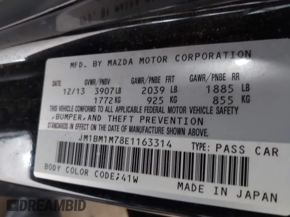 2014 Mazda 3 i Grand Touring with VIN JM1BM1M78E1163314, listed as a IAAI auction lot 41578305 with 159,434 mi miles and . Bid and sale history available at DreamBid. Image 9.