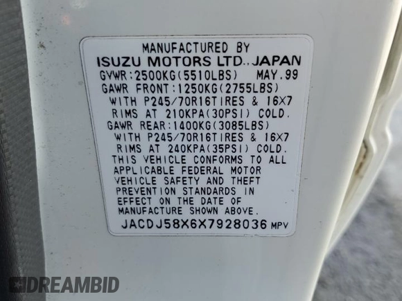1999 Isuzu Trooper S с VIN JACDJ58X6X7928036, выставлен на аукционе Copart как лот 47035495 с пробегом 181 558 миль миль и Списание • Salvage title. История ставок и продаж доступна на DreamBid. Изображение 13.