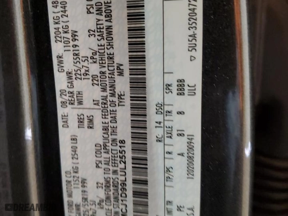 2020 Lincoln Corsair Standard with VIN 5LMCJ1D99LUL25518, listed as a Copart auction lot 53654055 with 34,795 mi miles and Salvage Title. Bid and sale history available at carsss.com. Image 12.