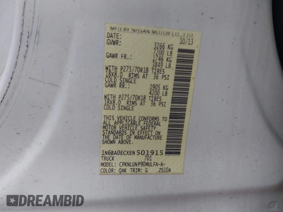 2014 Nissan Titan Pro-4X with VIN 1N6BA0ECXEN501915, listed as a IAAI auction lot 42097967 with 120,851 mi miles and . Bid and sale history available at DreamBid. Image 9.