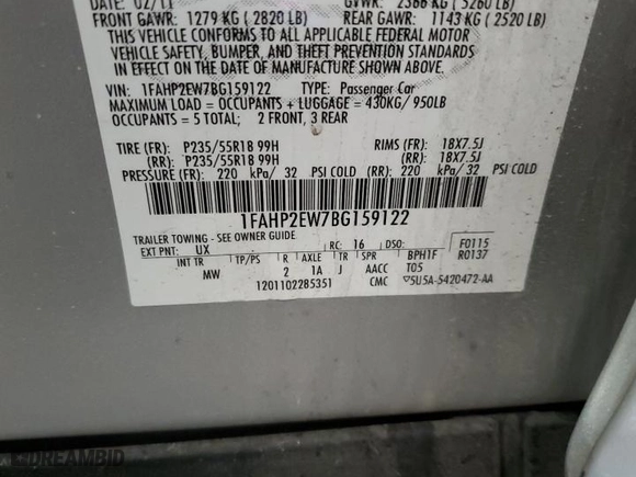 2011 Ford Taurus SEL with VIN 1FAHP2EW7BG159122, listed as a Copart auction lot 46426545 with 124,464 mi miles and Salvage Title. Bid and sale history available at carsss.com. Image 12.