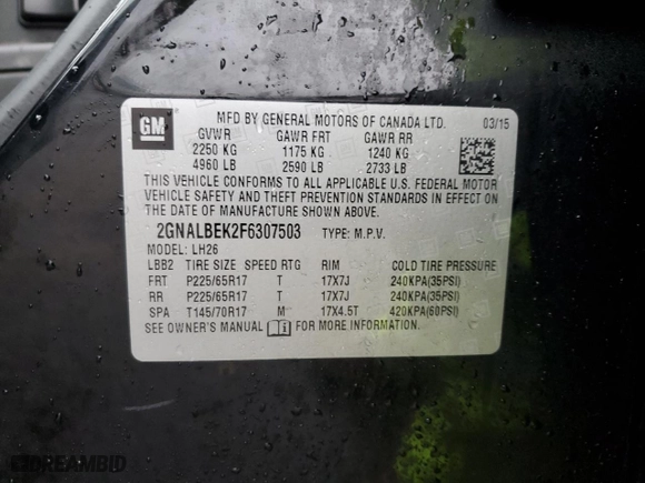 2015 Chevrolet Equinox LT with VIN 2GNALBEK2F6307503, listed as a Copart auction lot 50311285 with 135,456 mi miles and Clean Title. Bid and sale history available at carsss.com. Image 13.