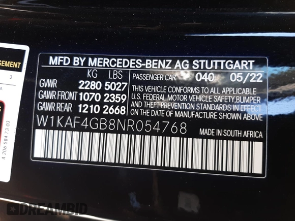 2022 Mercedes-Benz C 300 with VIN W1KAF4GB8NR054768, listed as a Copart auction lot 54647124 with 2,769 mi miles and Clean Title. Bid and sale history available at DreamBid. Image 12.