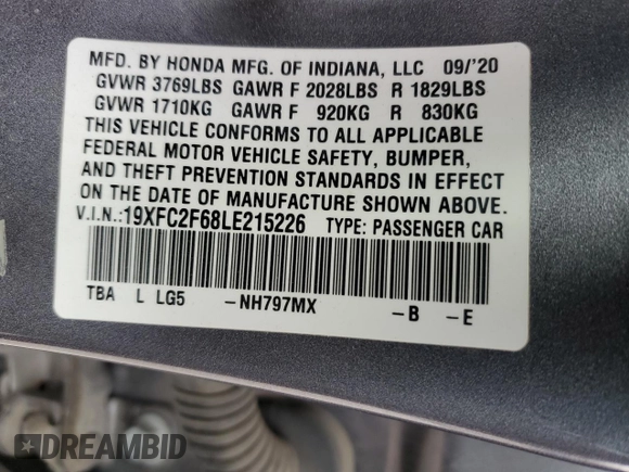 2020 Honda Civic Sedan LX with VIN 19XFC2F68LE215226, listed as a Copart auction lot 50293485 with 57,763 mi miles and Salvage Title. Bid and sale history available at carsss.com. Image 12.
