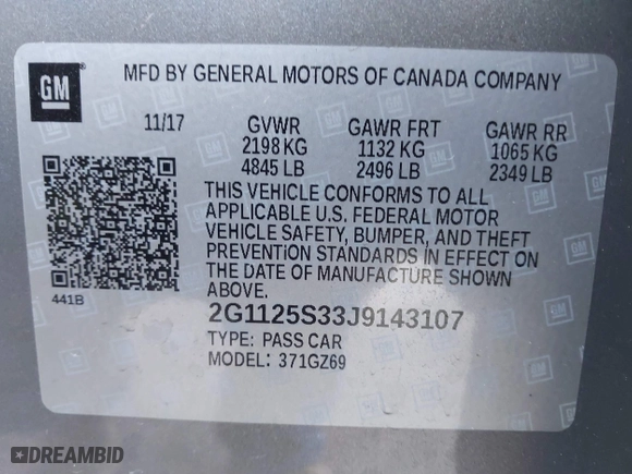 2018 Chevrolet Impala Premier with VIN 2G1125S33J9143107, listed as a IAAI auction lot 41854481 with 160,522 mi miles. Bid and sale history available at carsss.com. Image 9.