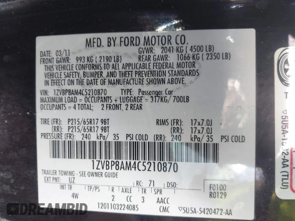2012 Ford Mustang Premium with VIN 1ZVBP8AM4C5210870, listed as a IAAI auction lot 41521473 with 113,376 mi miles and . Bid and sale history available at DreamBid. Image 9.