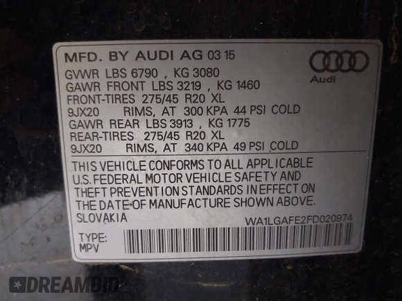 2015 Audi Q7 Premium Plus with VIN WA1LGAFE2FD020974, listed as a IAAI auction lot 42053103 with 107,013 mi miles and . Bid and sale history available at DreamBid. Image 9.