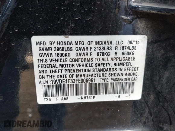 2015 Acura ILX with VIN 19VDE1F33FE006961, listed as a IAAI auction lot 42699542 with 151,200 mi miles and . Bid and sale history available at DreamBid. Image 9.