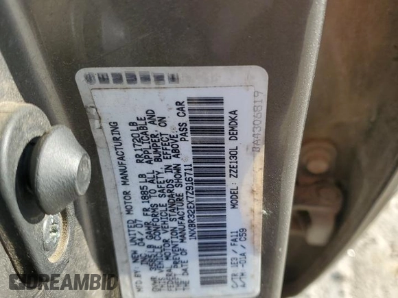 2007 Toyota Corolla CE with VIN 1NXBR32EX7Z916711, listed as a Copart auction lot 52150535 with 250,438 mi miles and Salvage Title. Bid and sale history available at DreamBid. Image 14.
