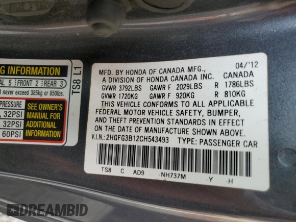 2012 Honda Civic Cpe EX-L with VIN 2HGFG3B12CH543493, listed as a Copart auction lot 68632614 with 191,948 mi miles and Salvage Title. Bid and sale history available at carsss.com. Image 12.