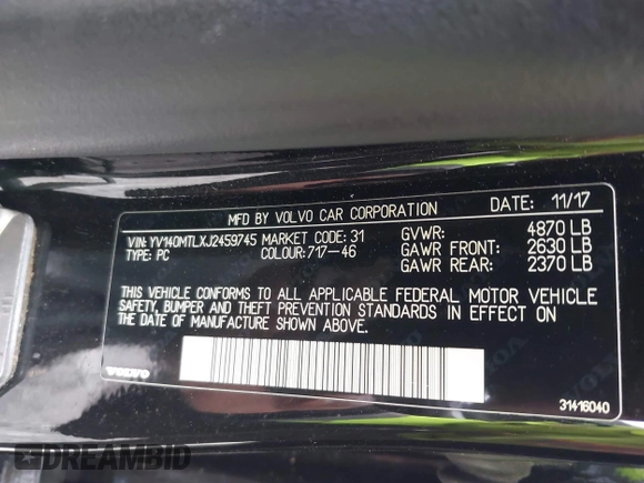 2018 Volvo S60 Dynamic with VIN YV140MTLXJ2459745, listed as a IAAI auction lot 41988052 with 133,268 mi miles. Bid and sale history available at carsss.com. Image 9.