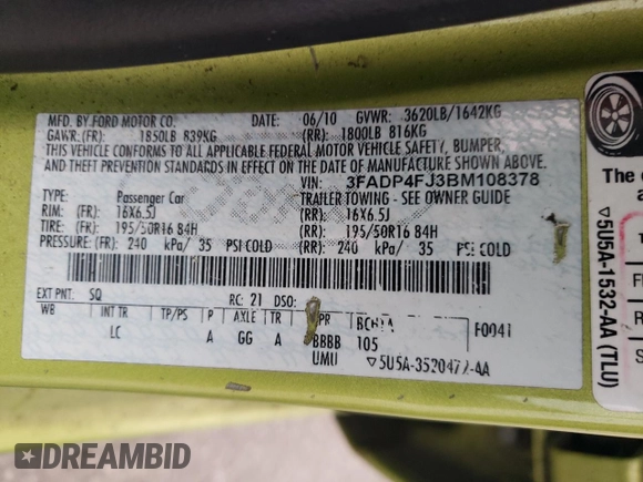 2011 Ford Fiesta SES with VIN 3FADP4FJ3BM108378, listed as a Copart auction lot 44410835 with 286,002 mi miles and Salvage Title. Bid and sale history available at DreamBid. Image 12.