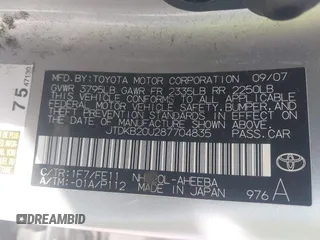 2008 Toyota Prius with VIN JTDKB20U287704835, listed as a IAAI auction lot 42208127 with 181,307 mi miles and . Bid and sale history available at DreamBid. Image 9.