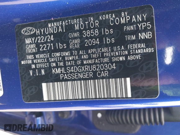 2024 Hyundai Elantra SEL with VIN KMHLS4DGXRU820304, listed as a IAAI auction lot 41895332 with 5,414 mi miles and . Bid and sale history available at DreamBid. Image 9.