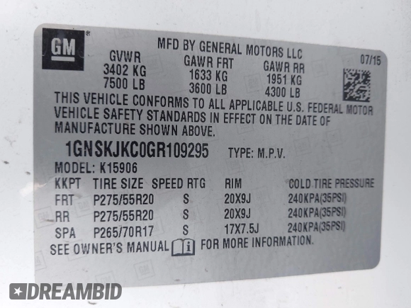 2016 Chevrolet Suburban LTZ with VIN 1GNSKJKC0GR109295, listed as a IAAI auction lot 42612085 with 200,912 mi miles and . Bid and sale history available at DreamBid. Image 9.