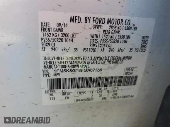 2015 Ford Explorer Sport с VIN 1FM5K8GT8FGA87365, выставлен на аукционе Copart как лот 56558225 с пробегом 116 699 миль миль и Чистый • Clean title. История ставок и продаж доступна на DreamBid. Изображение 13.