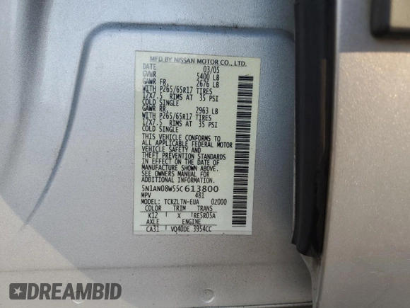 2005 Nissan Xterra SE z VIN 5N1AN08W55C613800, wystawiony jako Copart lot #75808284 z przebiegiem 135 127 mil mil oraz Szkoda całkowita • Salvage title. Historia ofert i sprzedaży dostępna na DreamBid. Obrazek 15.