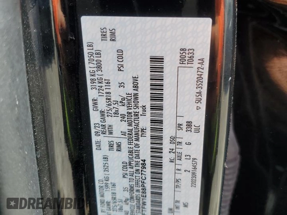 2023 Ford F-150 XL with VIN 1FTFW1E88PFC77984, listed as a Copart auction lot 62222845 with 36,957 mi miles and Salvage title. Bid and sale history available at DreamBid. Image 12.