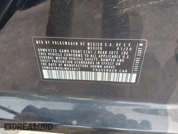2020 Volkswagen Jetta SEL z VIN 3VWEB7BU9LM023817, wystawiony jako IAAI lot #42371694 z przebiegiem 99 100 mil mil oraz . Historia ofert i sprzedaży dostępna na DreamBid. Obrazek 9.
