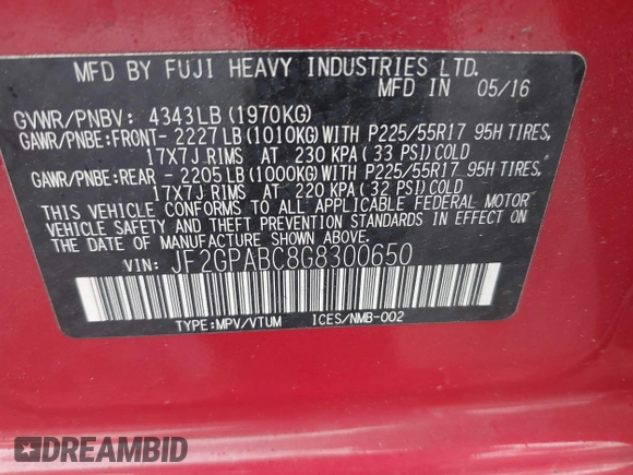 2016 Subaru Crosstrek Premium with VIN JF2GPABC8G8300650, listed as a IAAI auction lot 42327949 with 167,866 mi miles and . Bid and sale history available at DreamBid. Image 9.